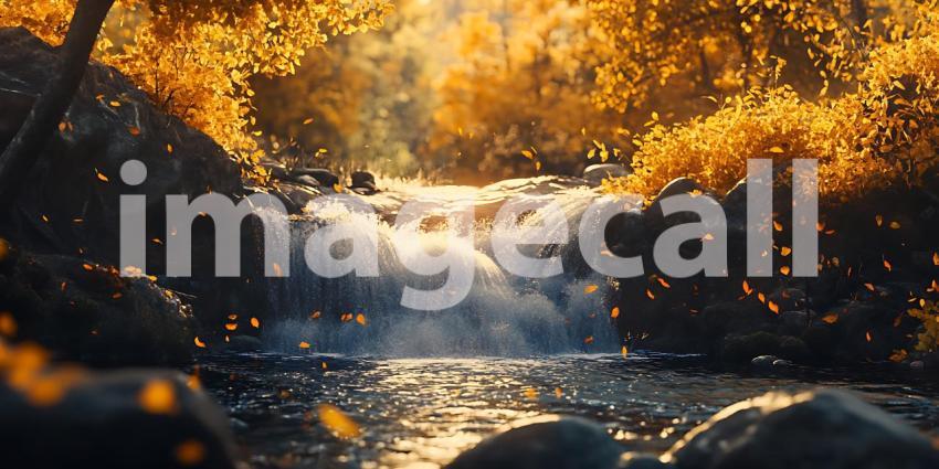 Golden Waterfall Autumnal Scene