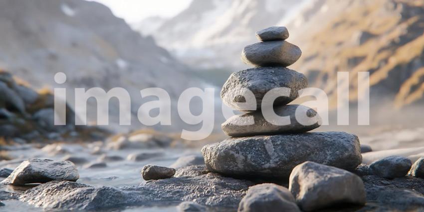 Serene Stacked Stones Mountain Landscape Zen