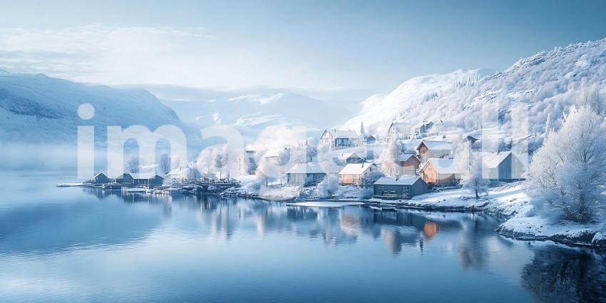 Winter Wonderland Snowy Village Lakeside Scene  Scenic Landscape