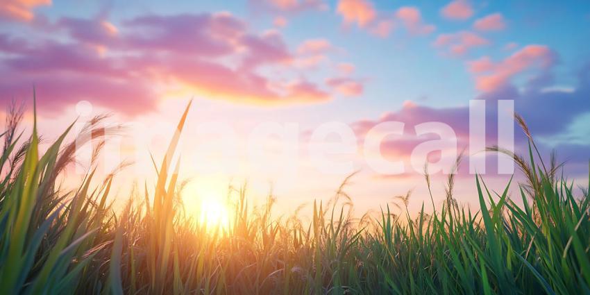 Stunning Sunset Over Lush Grassland Nature Photography