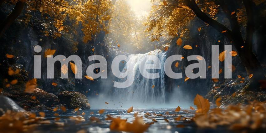 Autumn Waterfall Magical Forest Scene Golden Leaves Cascading Wa
