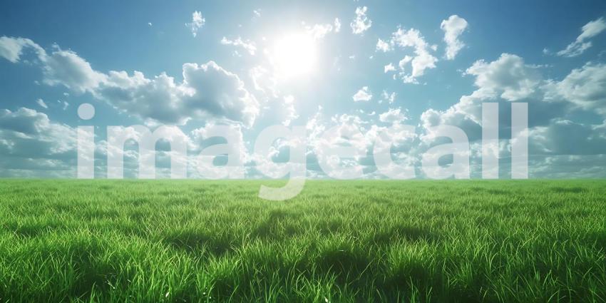 Vibrant Green Field Landscape Sunny Sky and Lush Meadow
