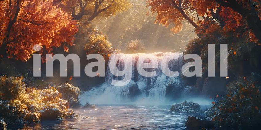 Enchanted Waterfall Autumn Forest Scene