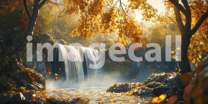 Serene Waterfall Landscape Autumn Leaves Cascading Water Tranqui