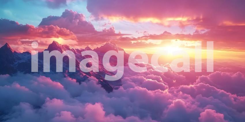 Stunning Aerial View Pink  Purple Sunset Above Cloud Sea