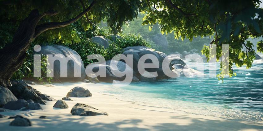 Tropical Beach Scene Lush Greenery Clear Water and Sandy Shore