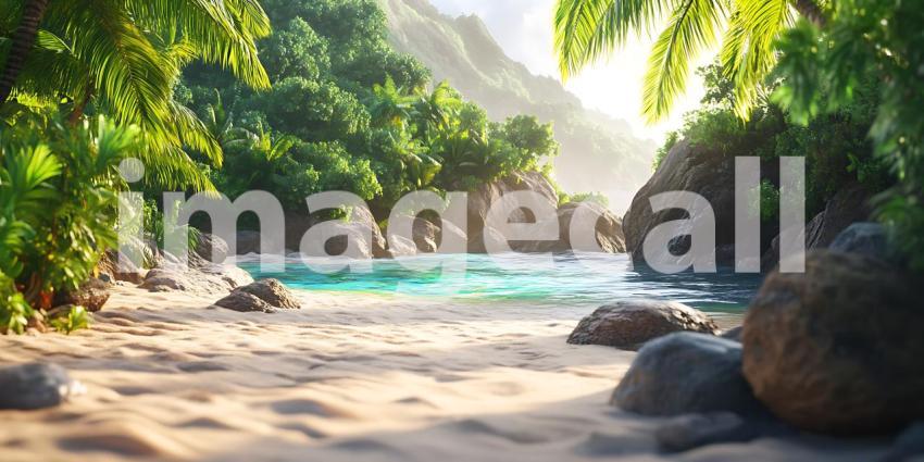 Serene Tropical Cove Hidden Beach Paradise Lush Foliage Turquois