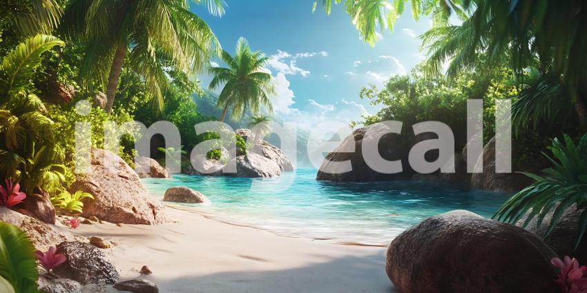 Serene Tropical Beach Paradise Lush Foliage Turquoise Waters