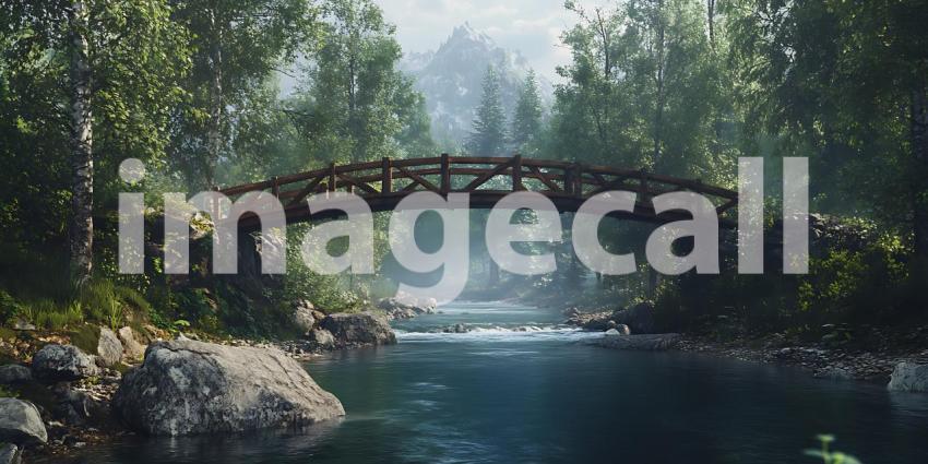 Enchanted Forest Bridge Serene River Landscape