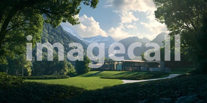 Serene Mountain Valley Landscape Picturesque Village Scene