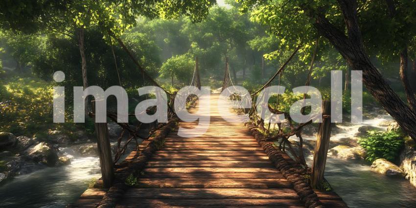 Serene Wooden Bridge Pathway Lush Green Forest Nature Scene