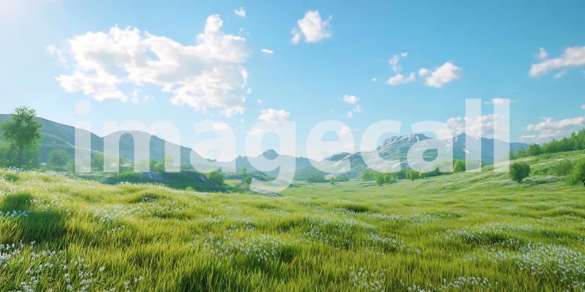 Stunning Nature Landscape Vibrant Green Fields and Majestic Moun