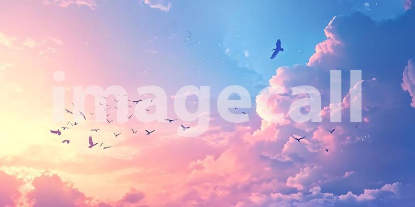 Pastel Sky Dreamy Cloudscape with Birds in Flight  Perfect Backg