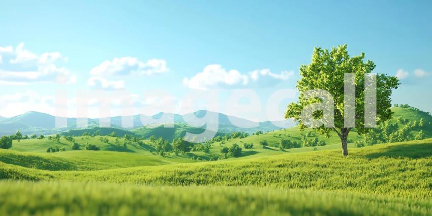 Serene Landscape Lone Tree on Rolling Green Hills