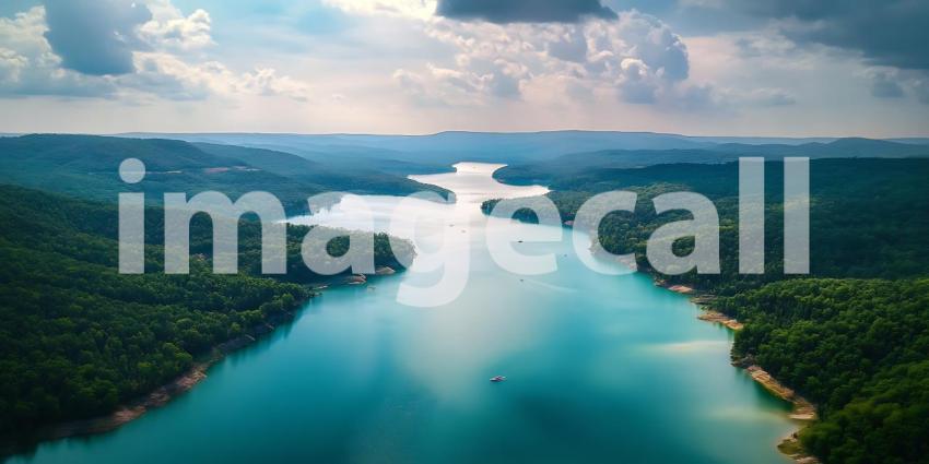 Stunning Aerial View Serene Turquoise Lake Surrounded by Lush Gr