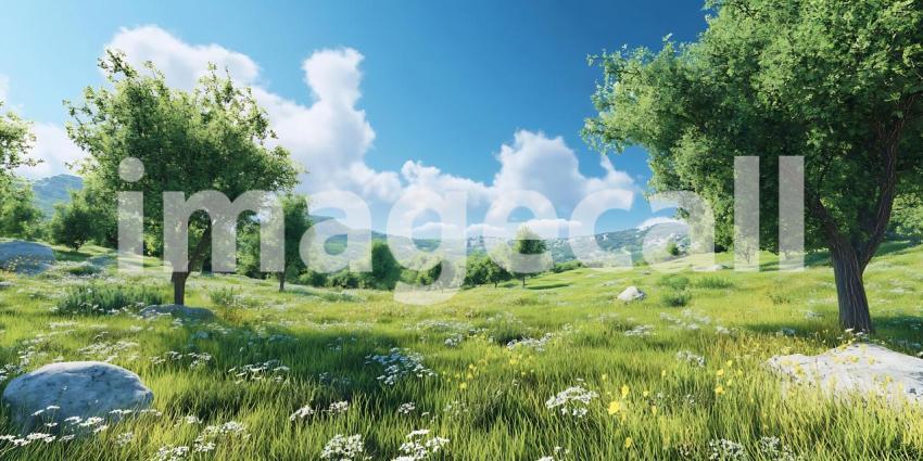 Stunning Panoramic Landscape Lush Green Meadow Trees and Blue Sk