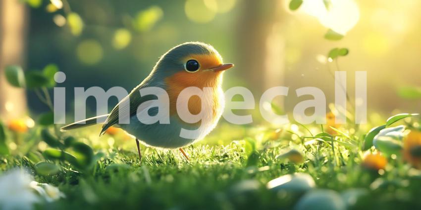 European Robin in Spring Meadow Vibrant Bird Photography