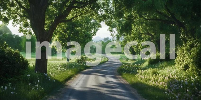 Serene Country Lane A Picturesque Path Through Lush Greenery