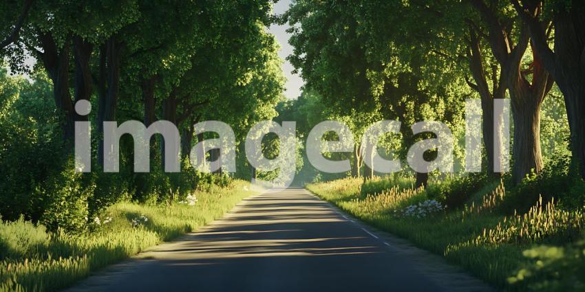Sunlit Country Road Lush Green Trees Scenic Pathway