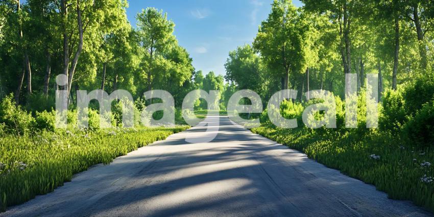 Scenic Country Road Lush Greenery  Sunlight