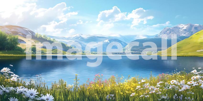 Serene Alpine Lake Majestic Mountain Scenery and Vibrant Flora