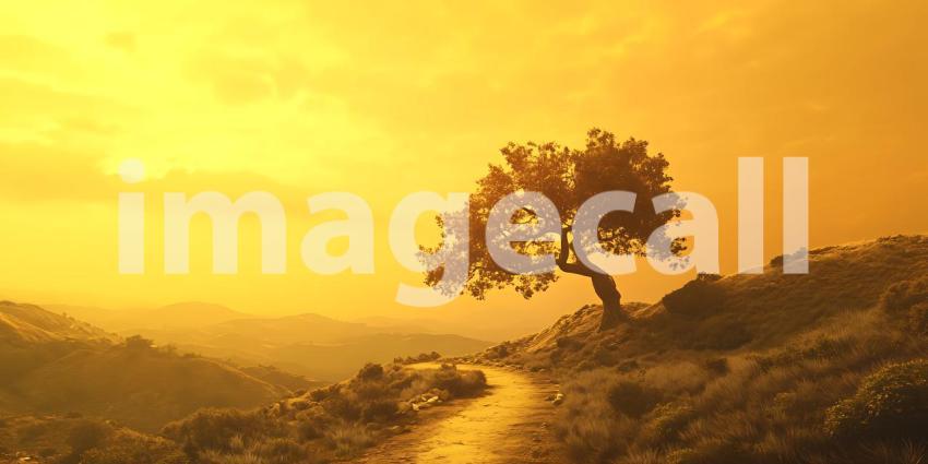 Golden Hour Landscape Lone Tree on a Winding Path