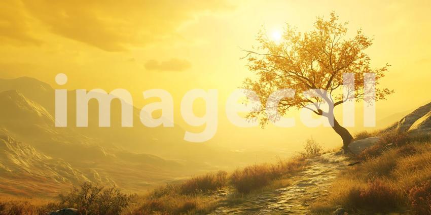 Golden Hour Landscape Solitary Tree in Misty Hills