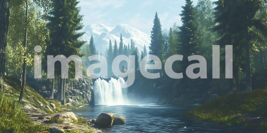 Serene Waterfall Landscape Picturesque River Lush Forest Mountai