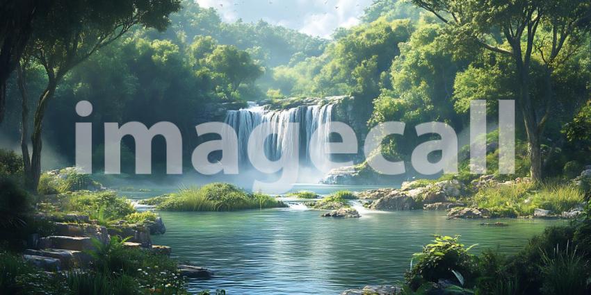 Serene Waterfall in Lush Jungle A Breathtaking Vista