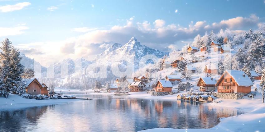 Winter Wonderland Majestic Mountain Village Scene