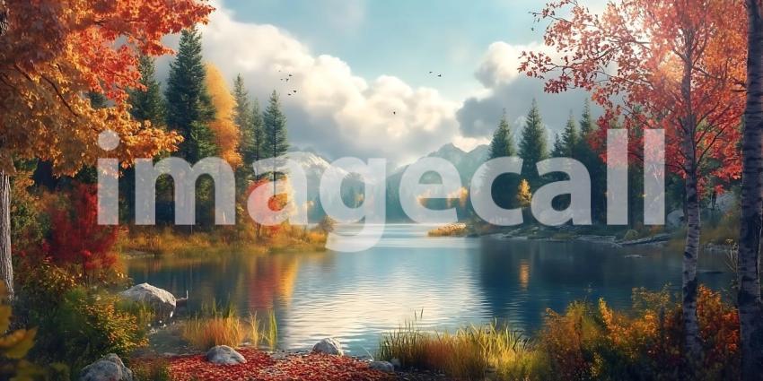 Autumn Lake Majestic Fall Scenery Painting  Vibrant Colors  Tran