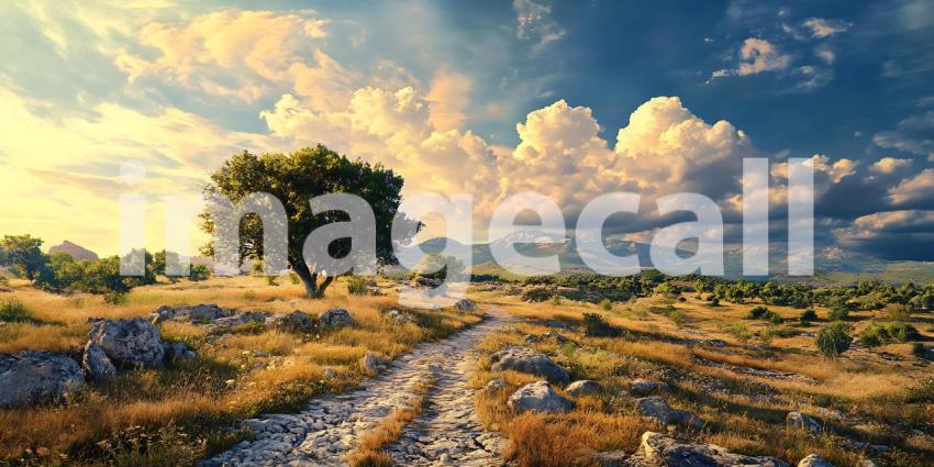 Scenic Landscape Golden Fields Majestic Clouds Solitary Tree