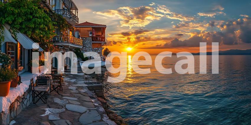 Vibrant Sunset over Grecian Coastal Village Picturesque Mediterr