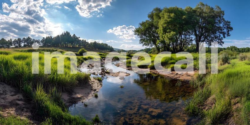 Serene Landscape Picturesque Stream and Lush Meadow