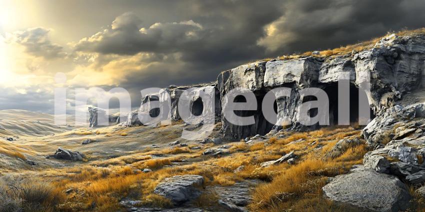 Dramatic Landscape Stone Formation Under a Stormy Sky