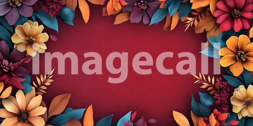 Autumn Floral Frame Vibrant Fall Flowers on Burgundy Background