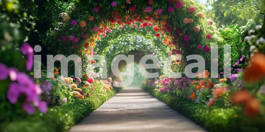 Vibrant Flower Archway Pathway Lush Garden Scene