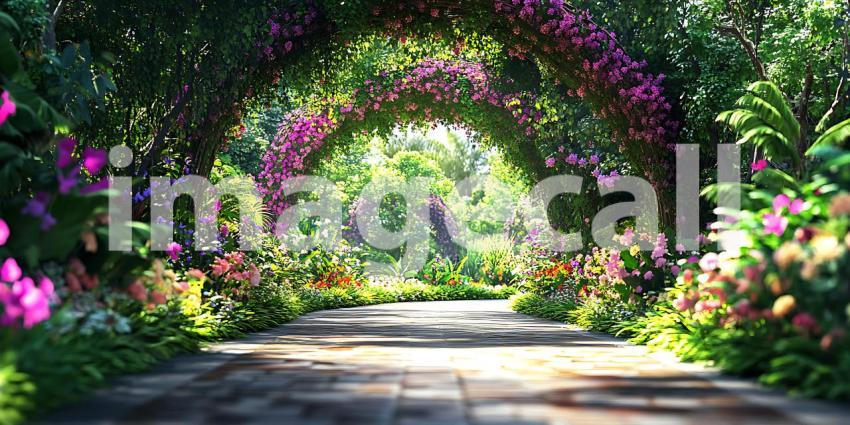 Enchanted Garden Path Lush Greenery  Blooming Vines