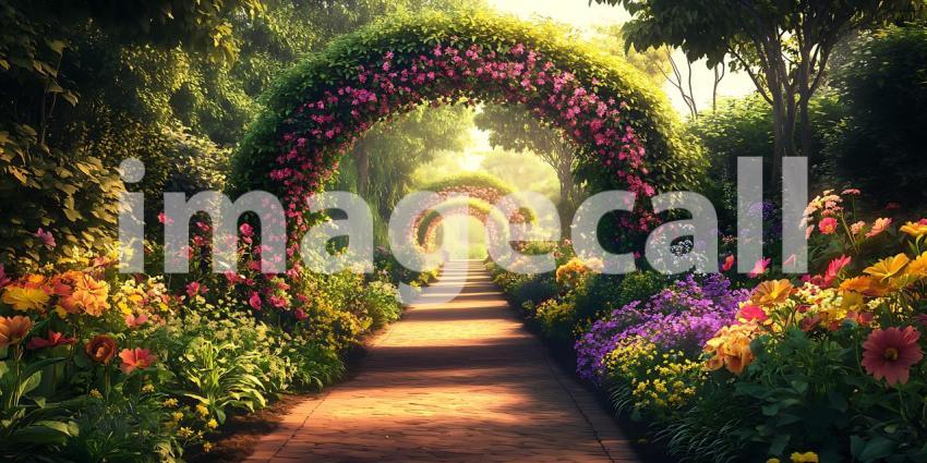 Enchanted Garden Path Lush Floral Archways  Sunlit Walkway
