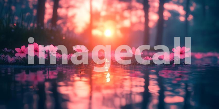 Sunset Serenity Pink Lotus Flowers  Water Reflections