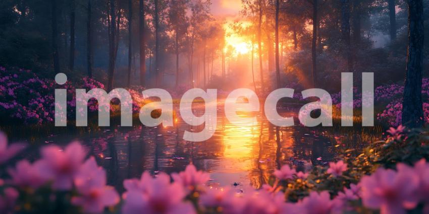 Enchanted Forest Magical Sunrise Pink Blossoms Serene Nature Sce