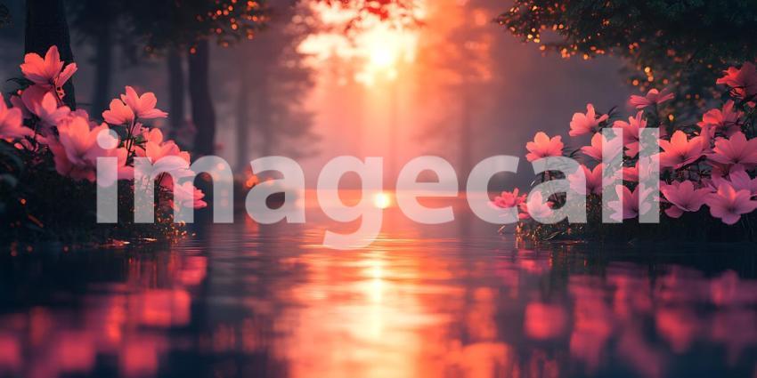 Sunset Serenity Pink Blossom Reflections on Calm Waters