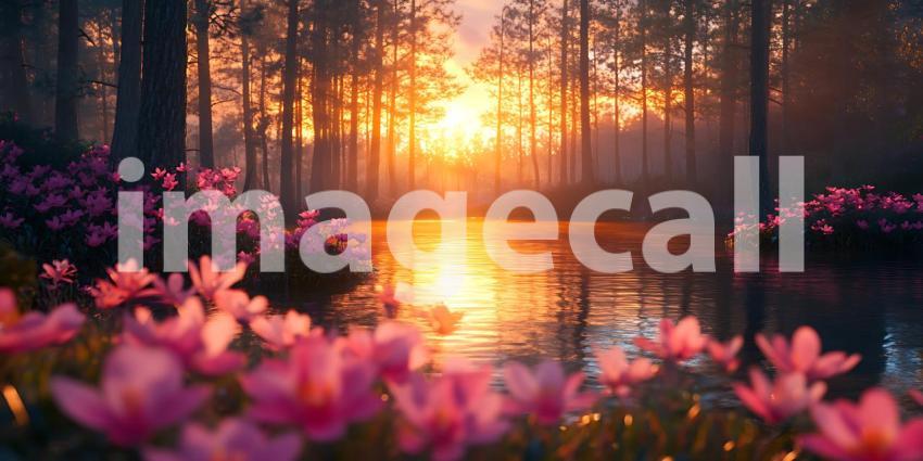 Sunset Serenity Magical Forest Lake  Blossoms