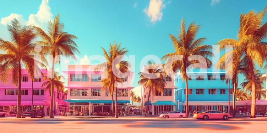 Vibrant Pastel Buildings  Palm Trees South Beach Paradise