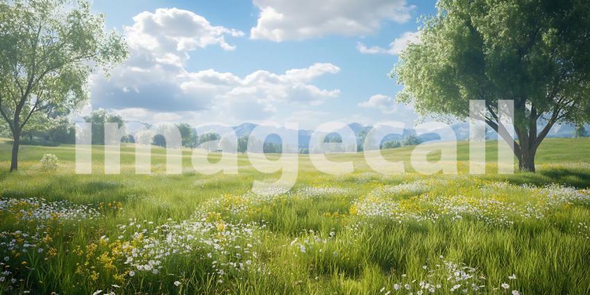 Serene Spring Meadow Landscape Photography of Blooming Wildflowe