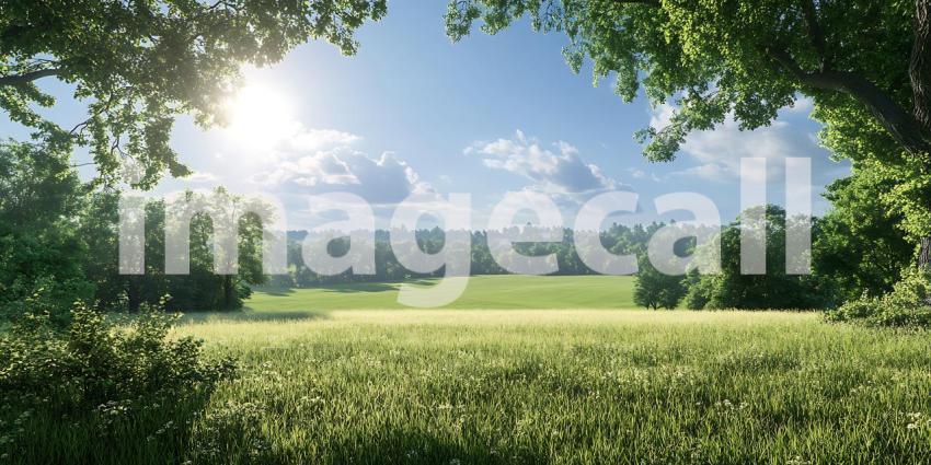Serene Summer Landscape Sunlit Field and Lush Greenery