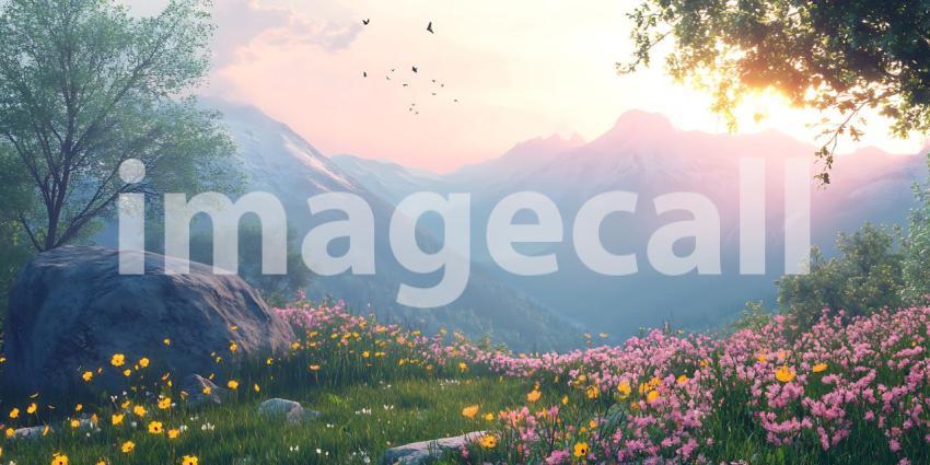 Magical Mountain Meadow Serene Landscape Painting