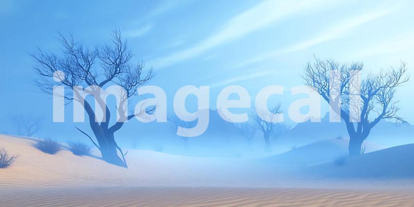 Misty Landscape Two Silhouetted Trees in a Dreamlike Setting