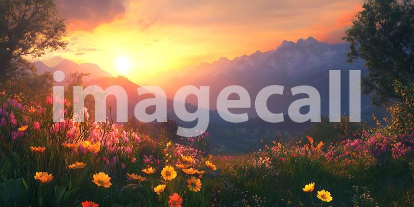 Sunset Meadow Vibrant Floral Landscape Mountain Scenery