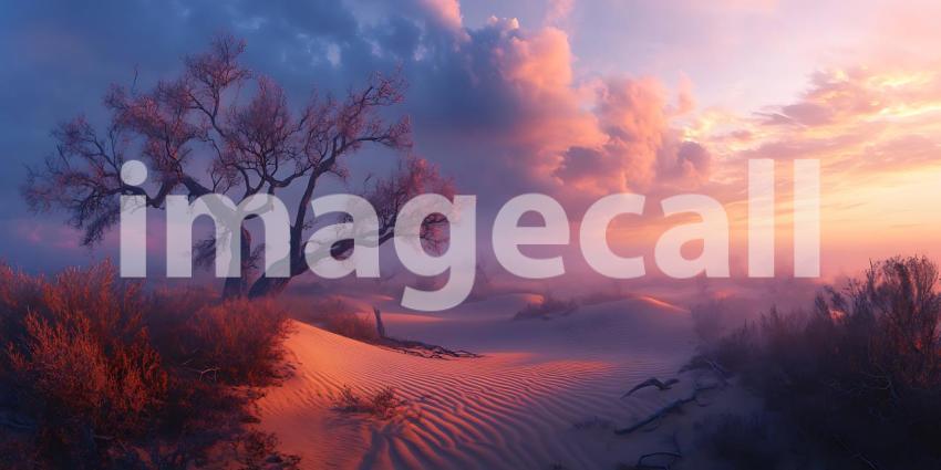 Epic Sunset Landscape Serene Desert Scene with Lone Tree